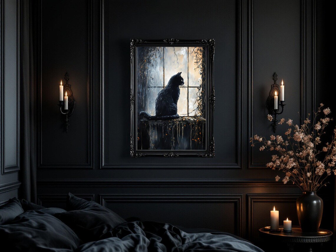 Gothic Black Cat Halloween Decor, Spooky Cat Art Print - Image 2
