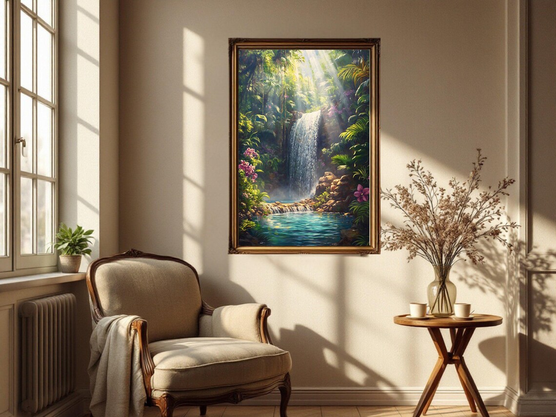 Tropical Waterfall Art Print, Lush Green Landscape - Image 3