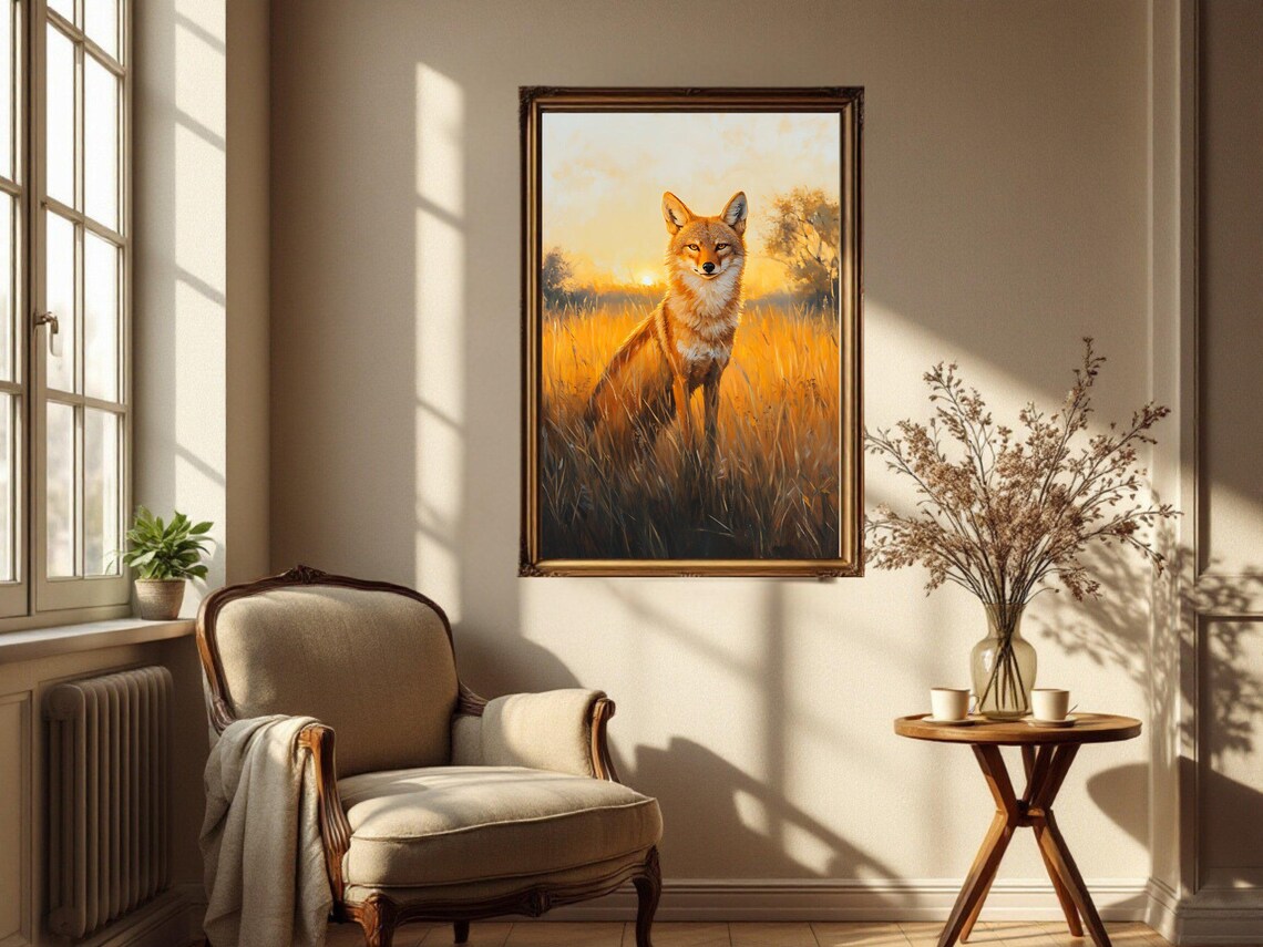 Fox In Golden Field, Rustic Wildlife Art Print - Image 2