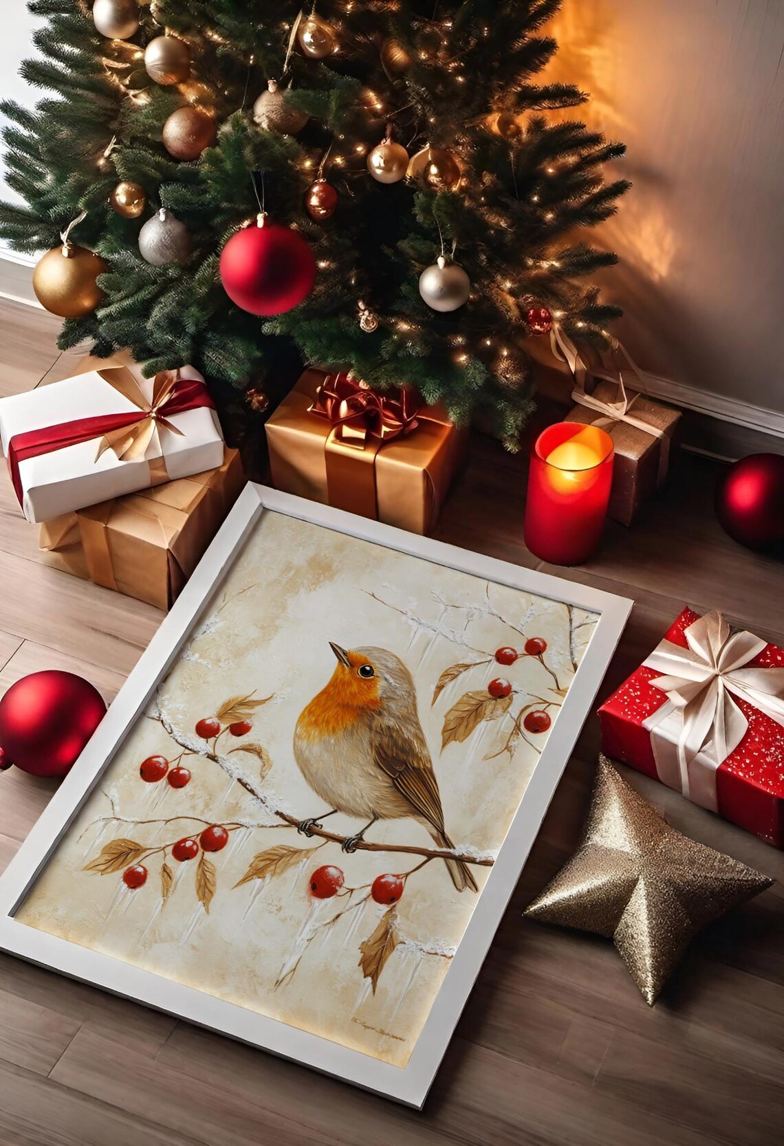 Festive Winter Bird Robin On Branch, Rustic Christmas Scene - Image 3