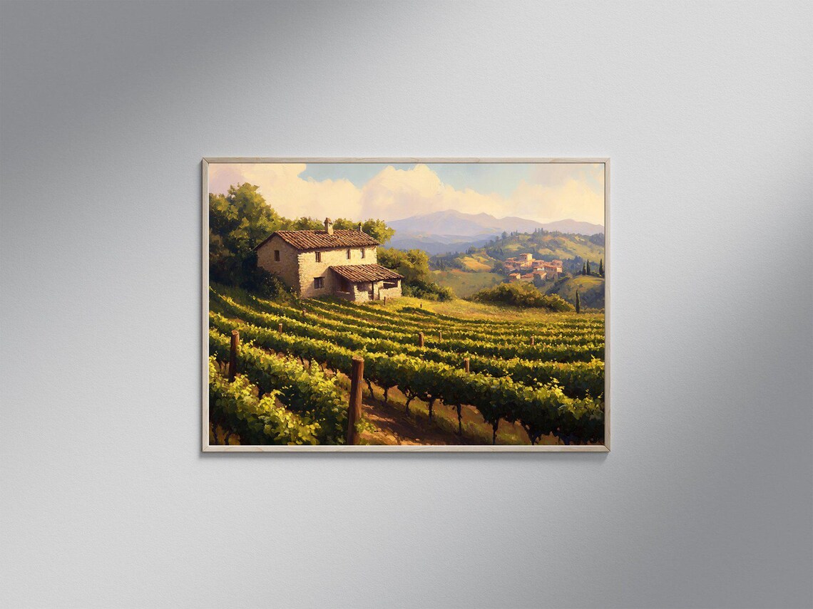 Tuscan Vineyard Art Print, Rustic Countryside Landscape