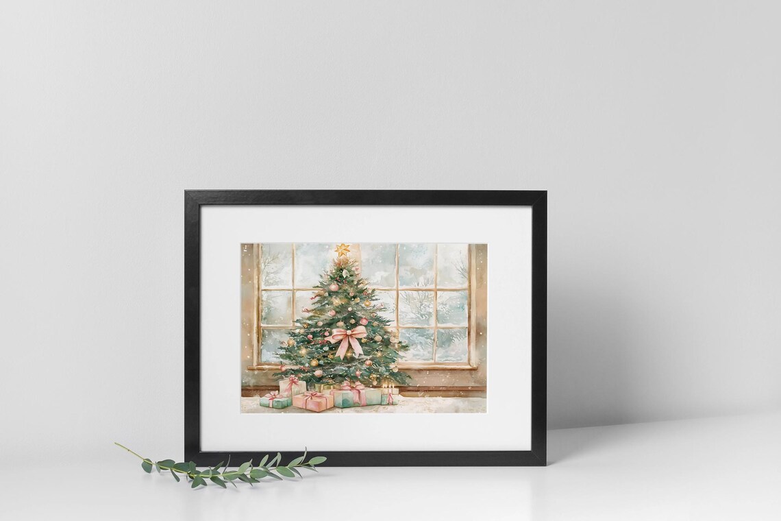 Vintage Christmas Tree Art, Snowy Window Scene - Image 3
