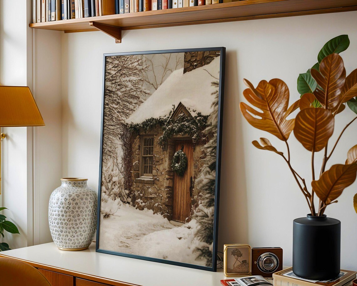 Winter Cottage, Rustic Snowy House Christmas Decor - Image 2