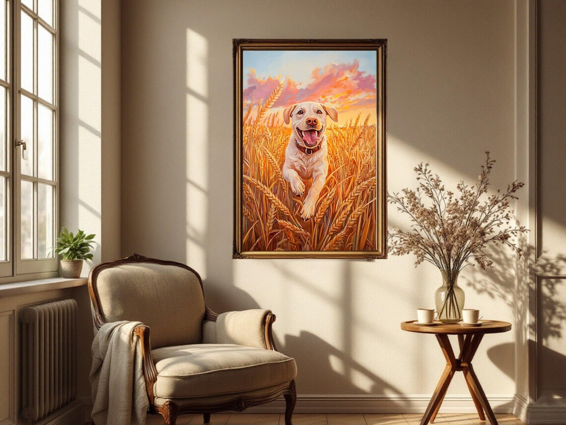 Golden Retriever in Wheat Field Sunrise, Art Print - Image 2
