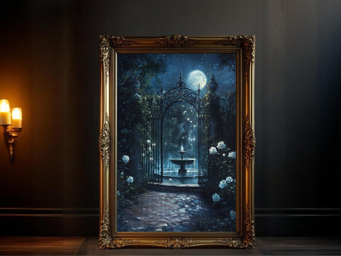 Enchanting Moonlit Garden, Nighttime Fountain Painting
