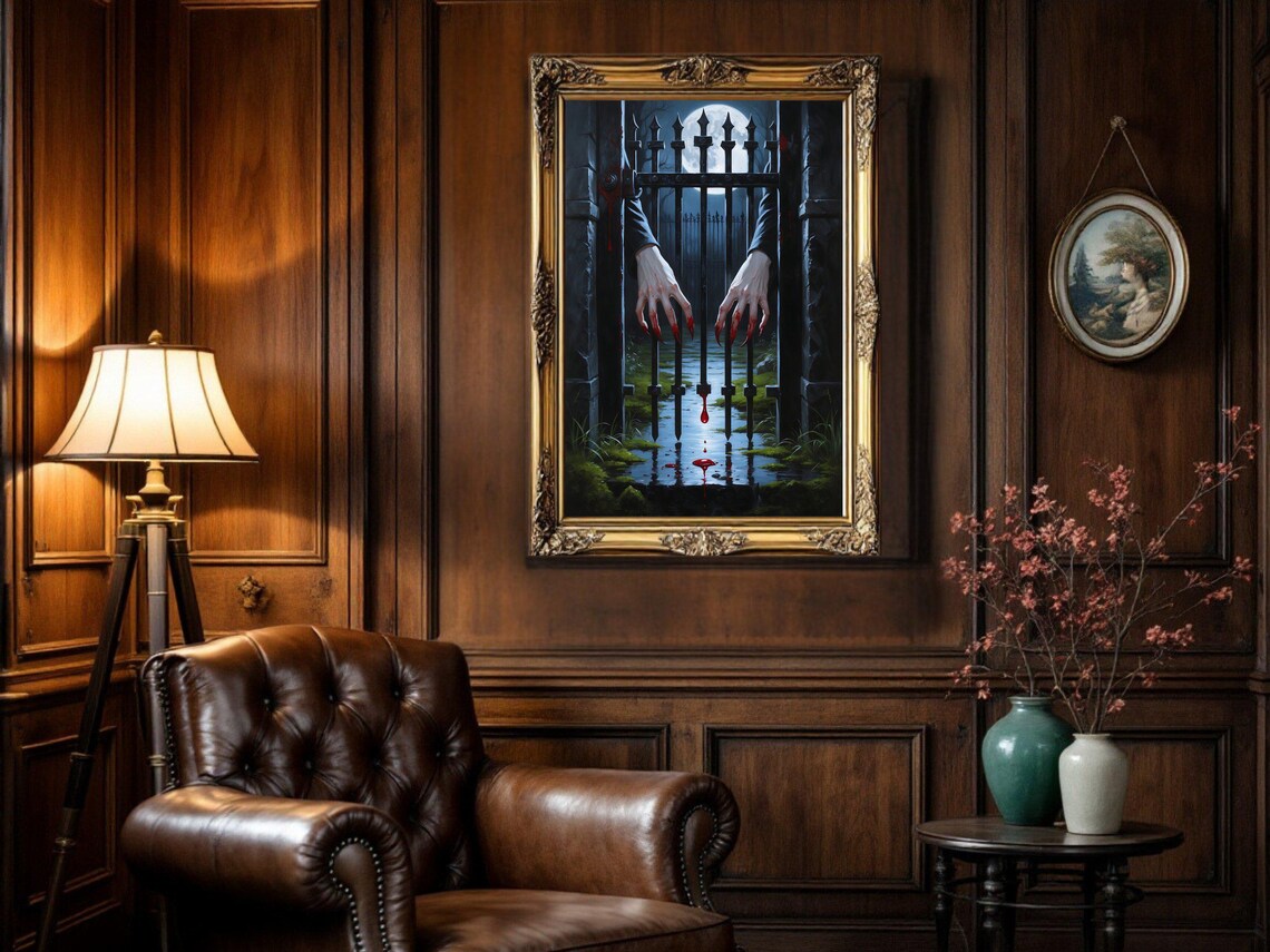 Haunted Gothic Gate, Spooky Vampire Hands Art Print - Image 3