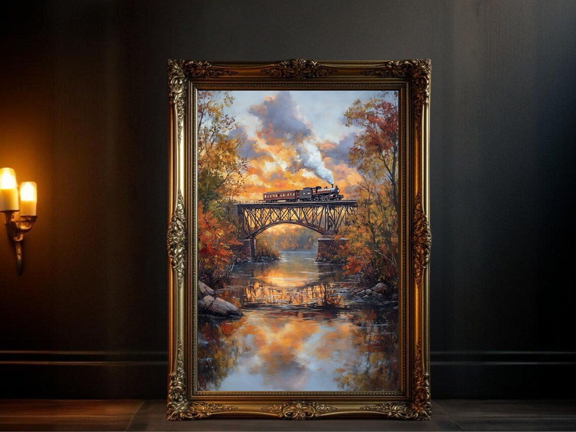 Vintage Train Art Print, Autumn Bridge Scenic Railway