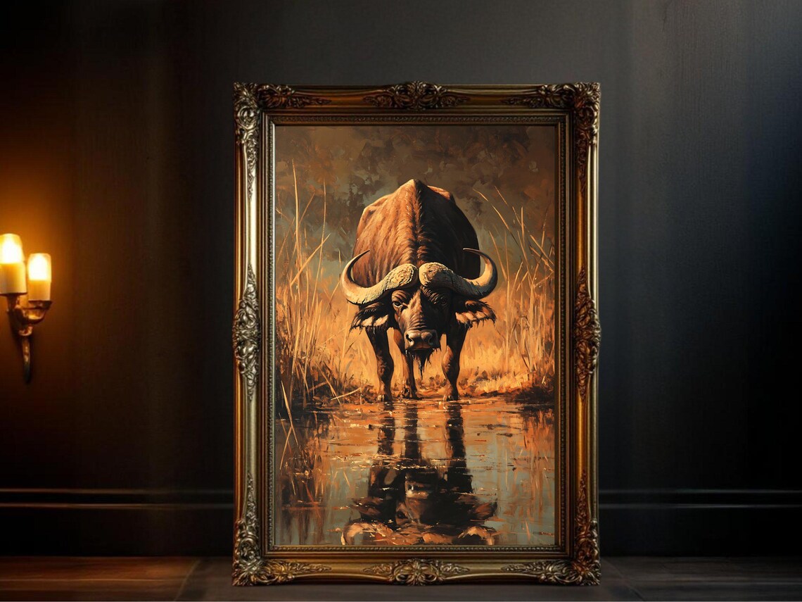 African Buffalo Art Print, Rustic Wildlife Painting