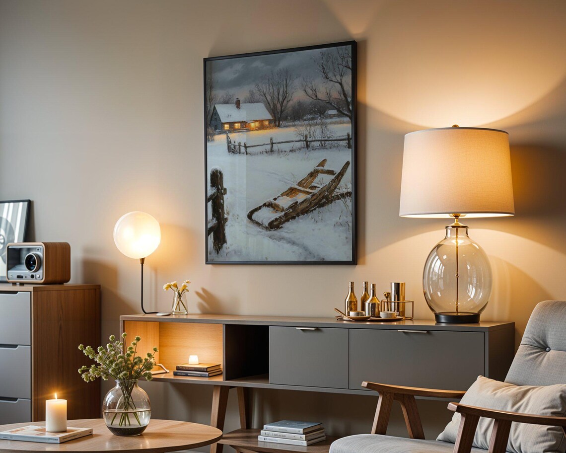 Dreamy Winter Cottage Scene, Rustic Cabin Decor - Image 3