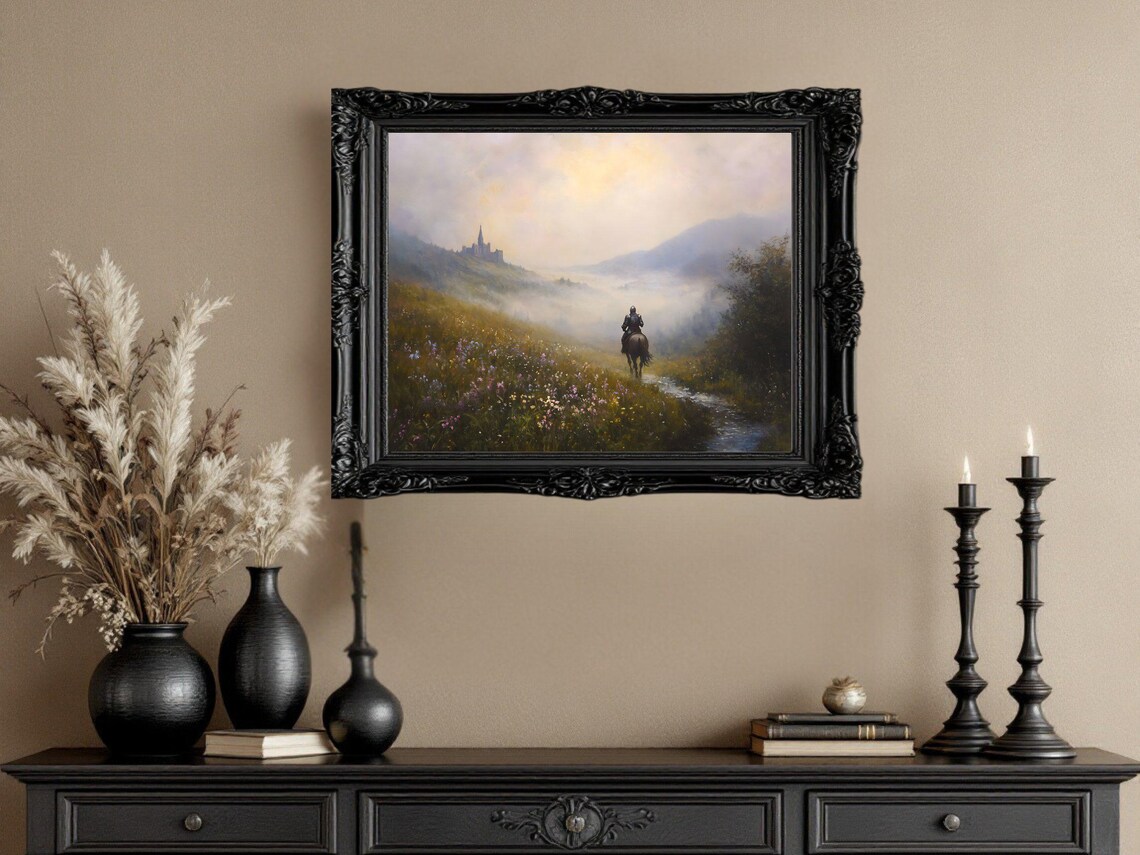 Medieval Knight On Horseback, Misty Landscape Scene - Image 2