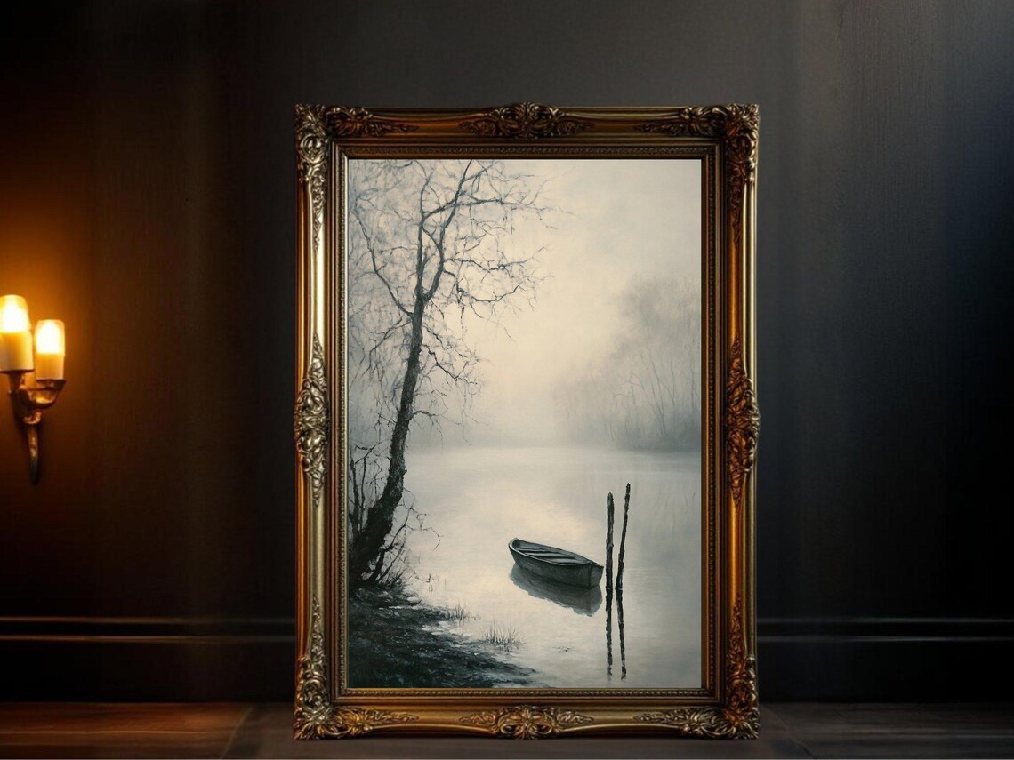 Misty River Boat Vintage Landscape Art Print