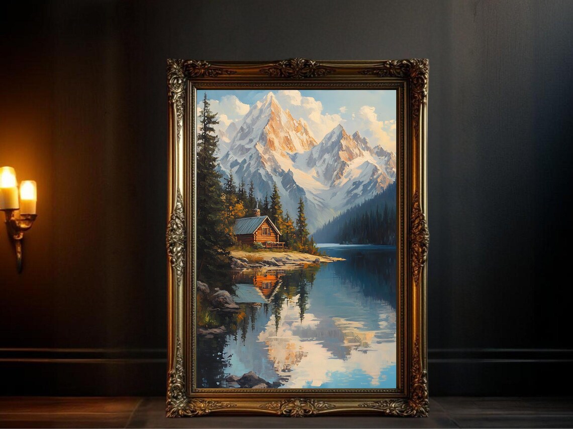 Mountain Cabin Lake View, Rustic Landscape Art Print