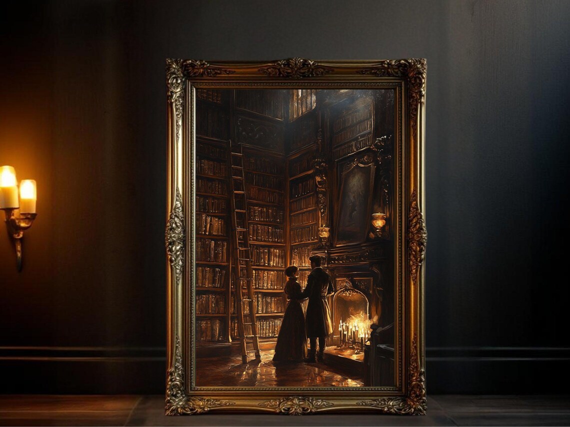 Dark Academia Vintage Library, Antique Bookshelf Art Print