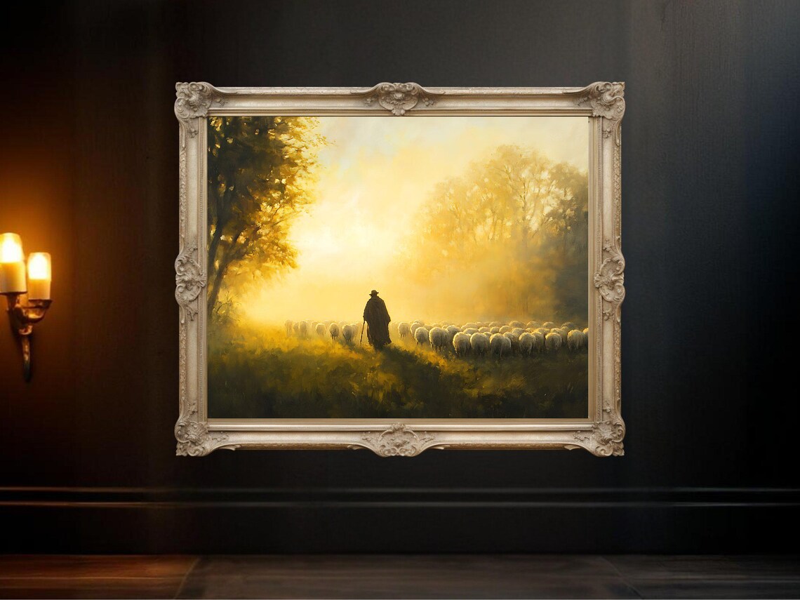 Rustic Shepherd At Sunrise, Pastoral Landscape Print