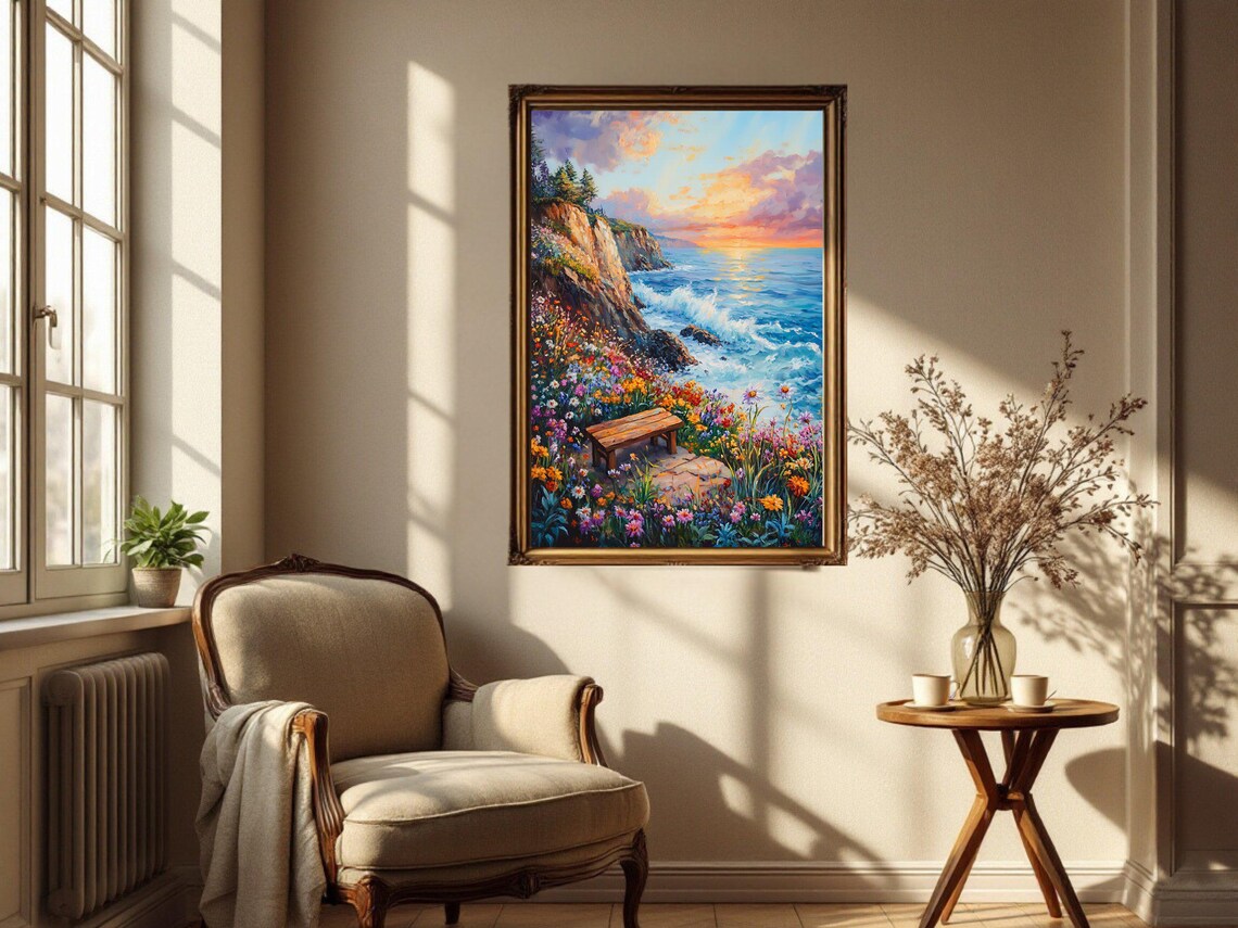 Sunset Ocean View - Coastal Flowers Landscape Art Print - Image 3