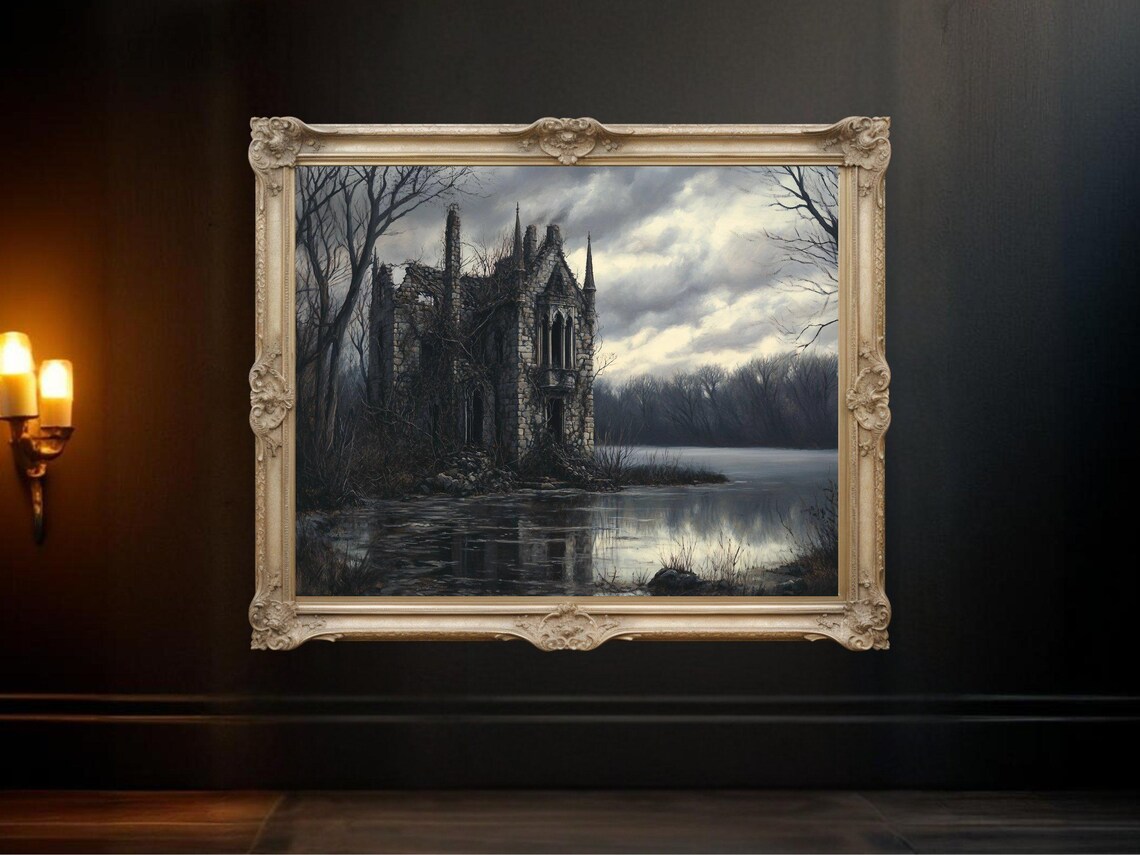Haunted Castle on Lake, Gothic Eerie Landscape Print