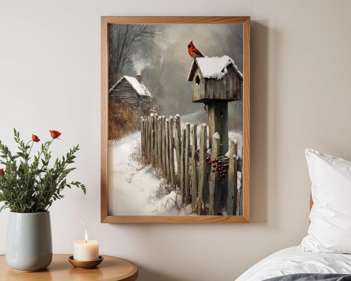 Winter Cardinal Birdhouse, Rustic Cabin Landscape
