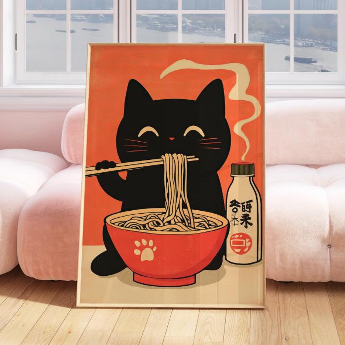Black Cat Eating Ramen With Chopsticks Retro Japanese Food Poster Art - Image 3