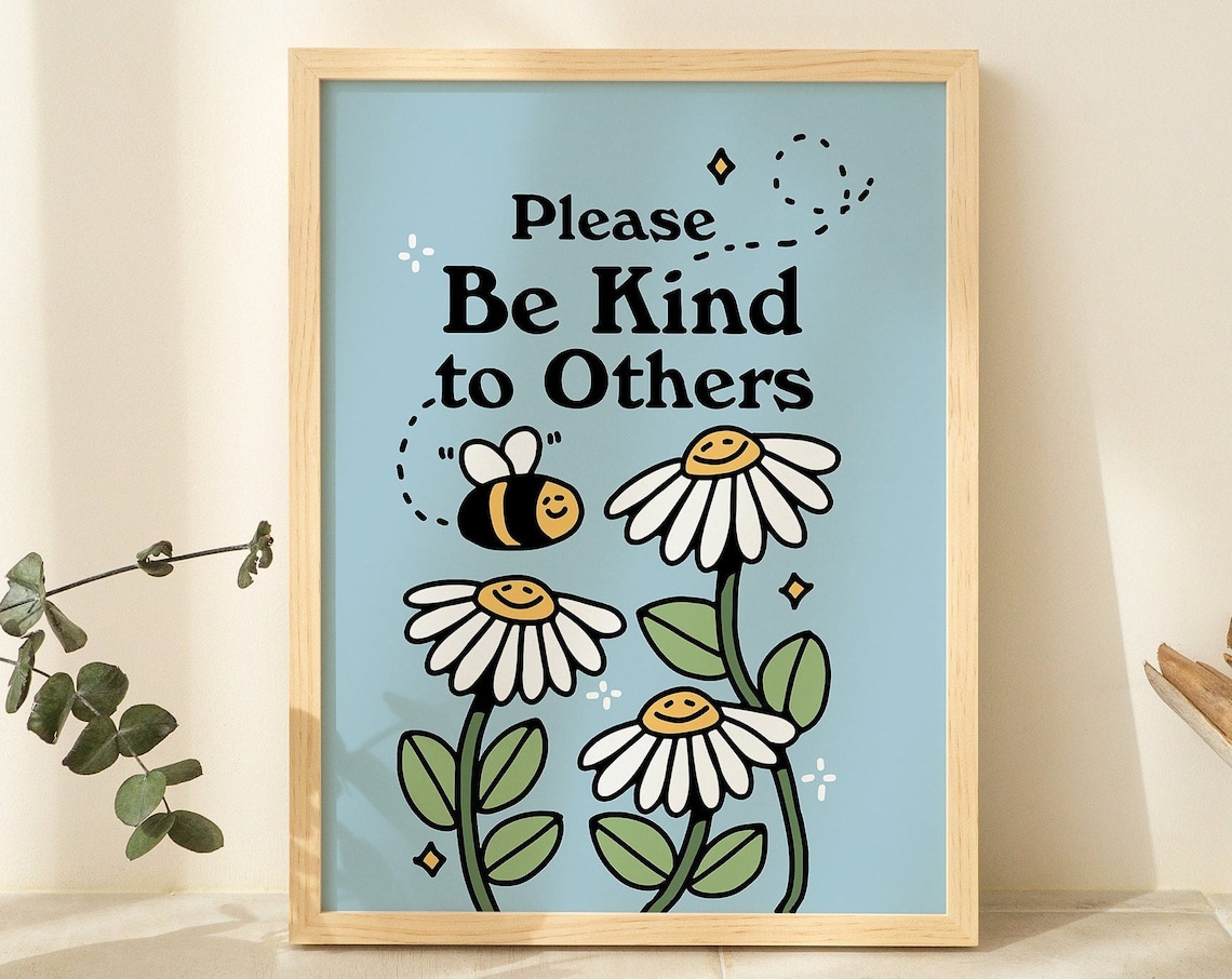 Cute Flowers Poster Print, Vintage Blue Bee Illustration