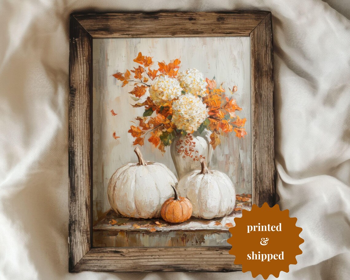 White Pumpkins And Autumn Flowers, Vintage Style