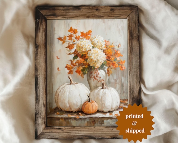 White Pumpkins And Autumn Flowers, Vintage Style