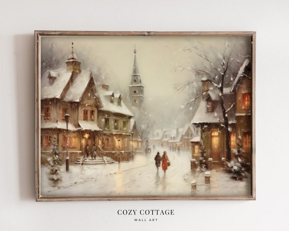 Cozy Winter Village Vintage Style Painting