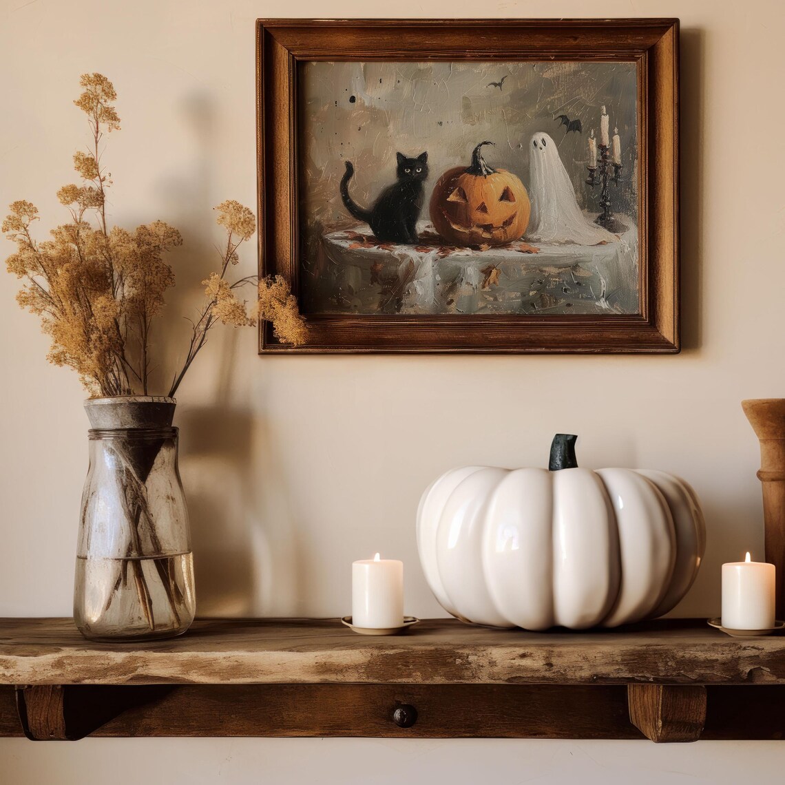 Black Cat Pumpkin Ghost Vintage Style Art Print - Image 2