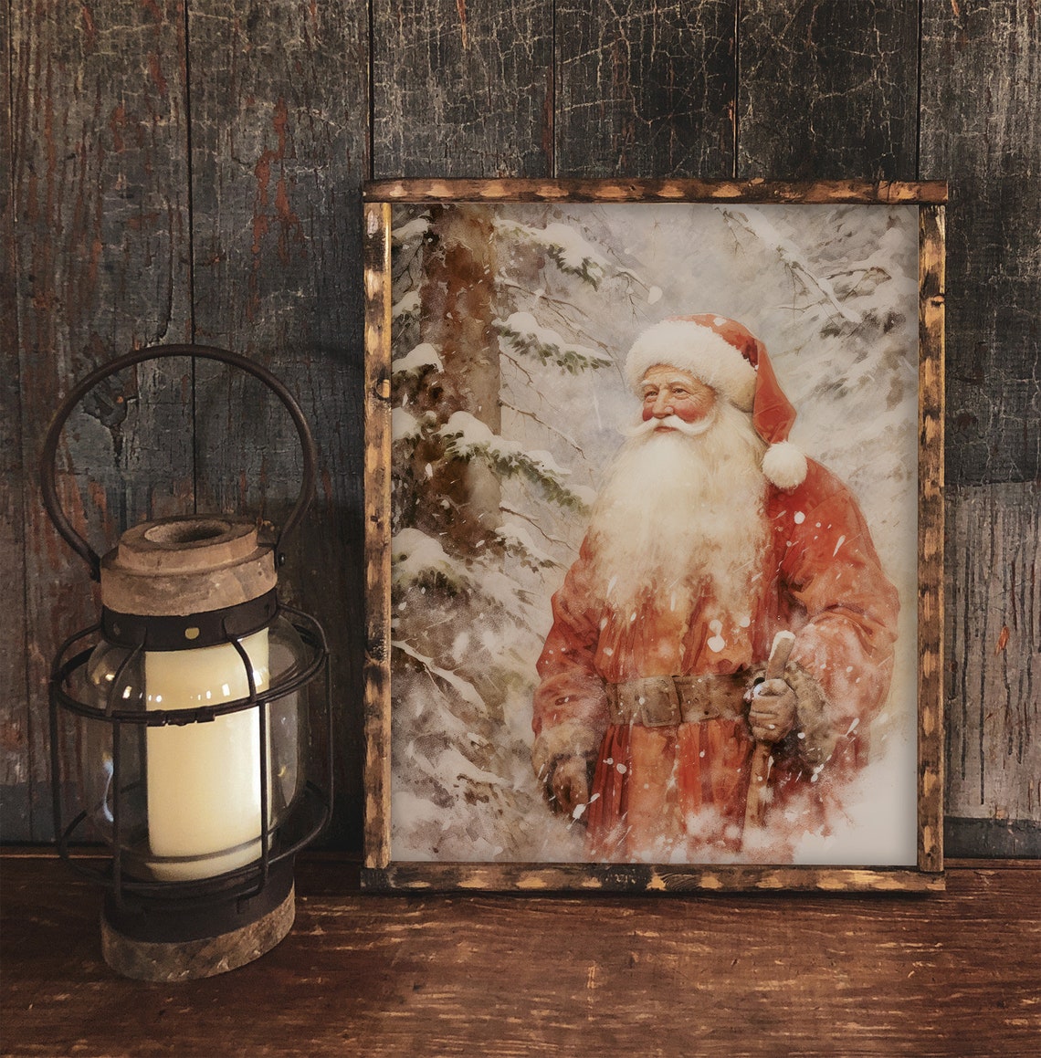 Santa In Winter Forest Vintage Style Art Print - Image 2