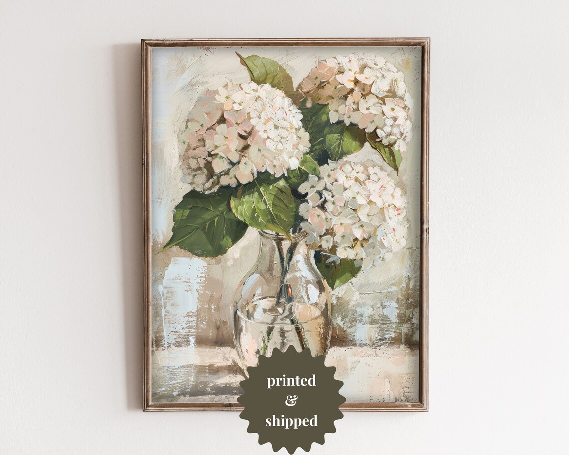 White Hydrangea Flowers in Glass Vase, Vintage Still Life