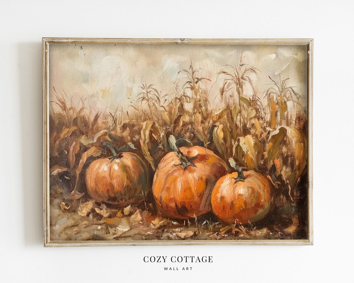 Pumpkin Field Vintage Style Painting, Autumn Art Print