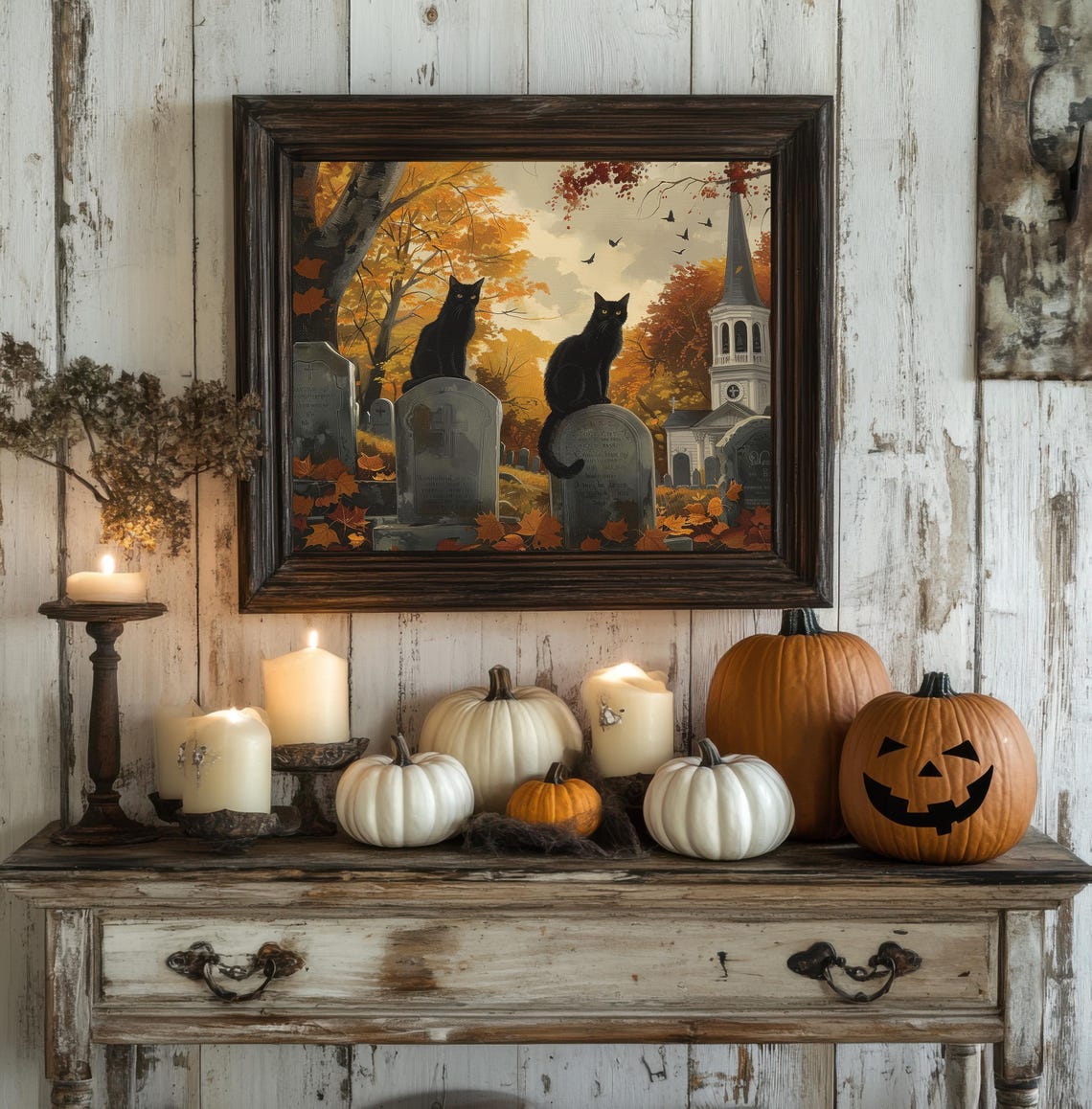 Black Cats Graveyard Vintage Halloween Art Print - Image 3