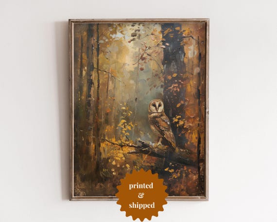 Owl In Moody Autumn Forest Vintage Style Halloween Painting Fall Art Ghost Owl Cottage Autumn Decor Printed And Shipped No B082