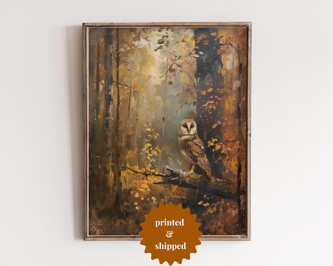 Ghost Owl Perched in a Misty Autumn Forest Vintage Art Poster