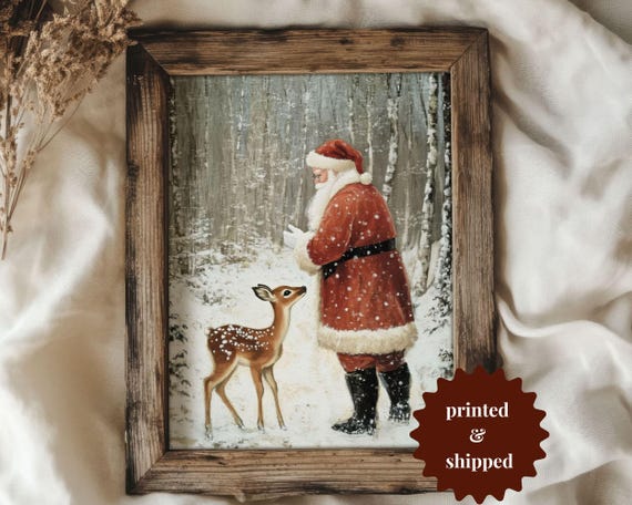 Santa Claus Deer Christmas Wall Art Print