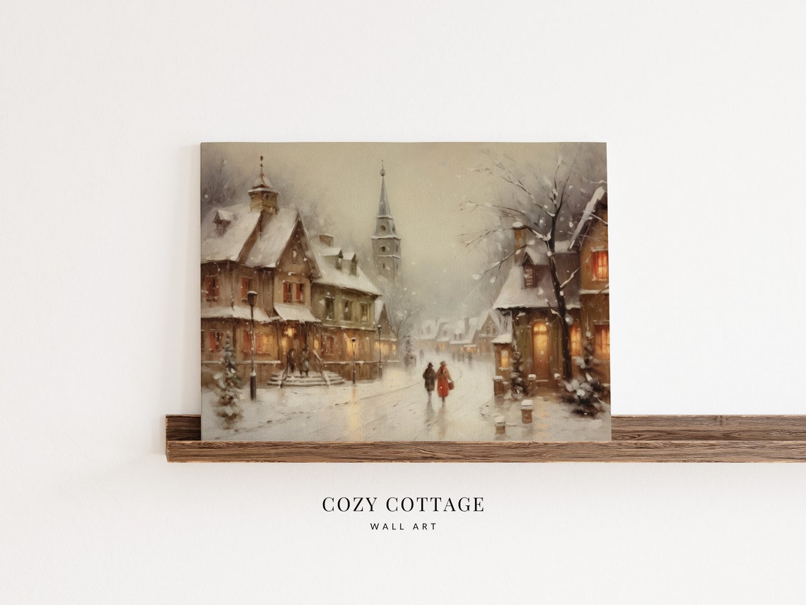 Cozy Winter Village Vintage Style Painting - Image 3