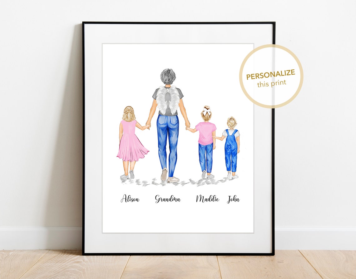 Personalized Grandmother Family Portrait Art Grandkids Art In Memory Nursery Gift Grandma And Children Drawing Custom Family Portrait