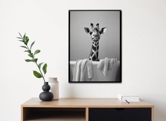 Giraffe In Bath Nature Print, Black White Safari