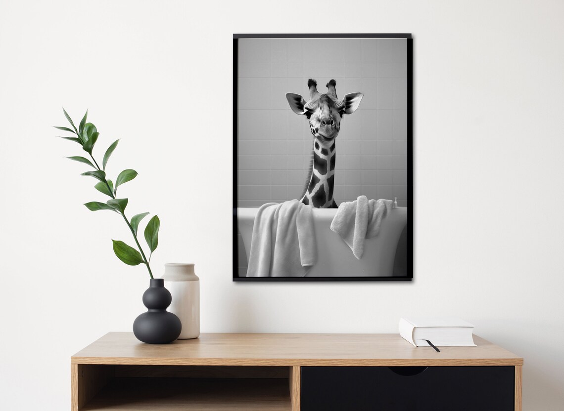 Giraffe In Bath Nature Print, Black White Safari