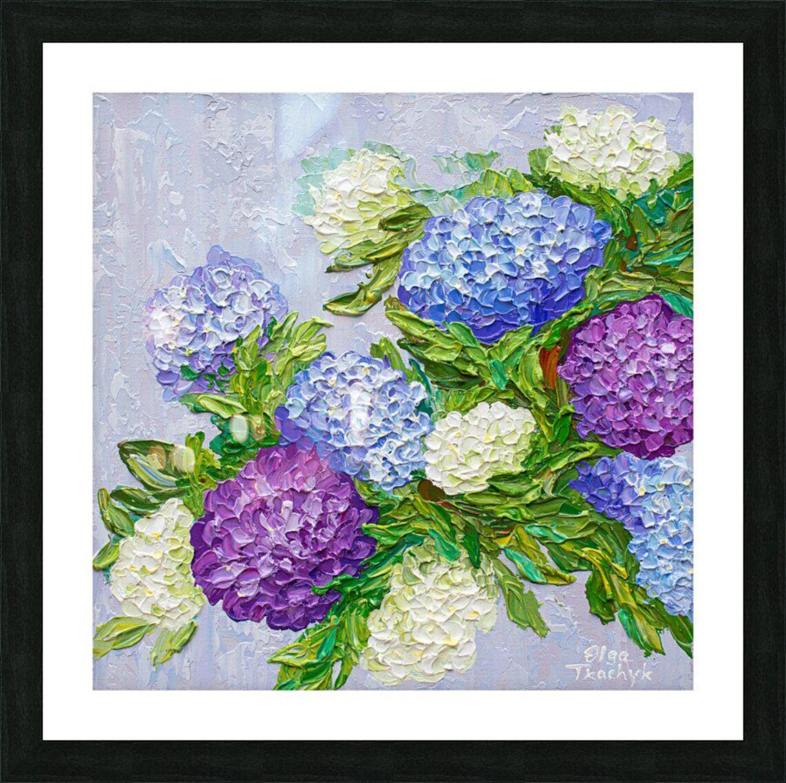 Hydrangea Flowers Painting Blue Purple White Impressionist Floral Art - Image 2