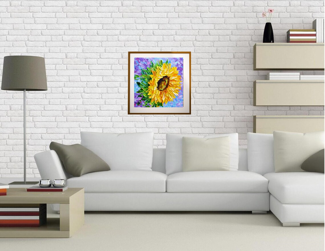 Yellow Sunflower Impasto Palette Knife Painting Purple Background Poster - Image 2