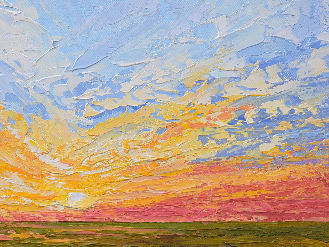 Sunset Over Marsh Original Painting On Colorful Impressionism Acrylic Landscape Palette Knife Artwork