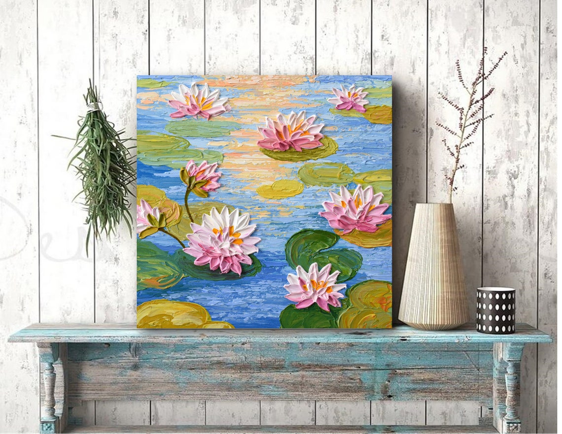 Water Lilies Pond Print Of Impressionist Floral Sunset Painting Monet Inspired Wall Art Dcor - Image 3