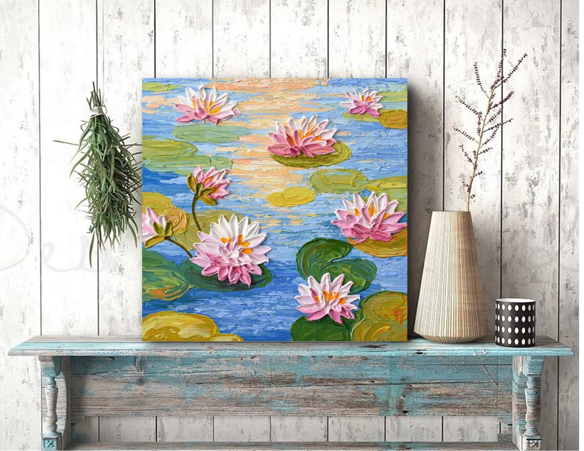 Water Lilies Pond Sunset Pink Blossom Monet Style Impressionist Poster - Image 3