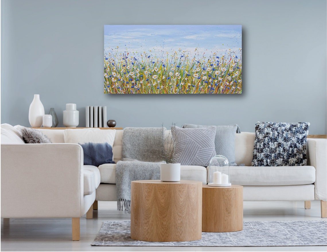 Daisies Cornflowers Panoramic Wildflower Field Blue Sky Wall Poster - Image 2