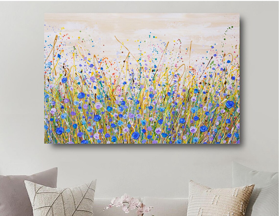 Blue Purple Wildflower Field Cream Sky Beige Meadow Impasto Art Print