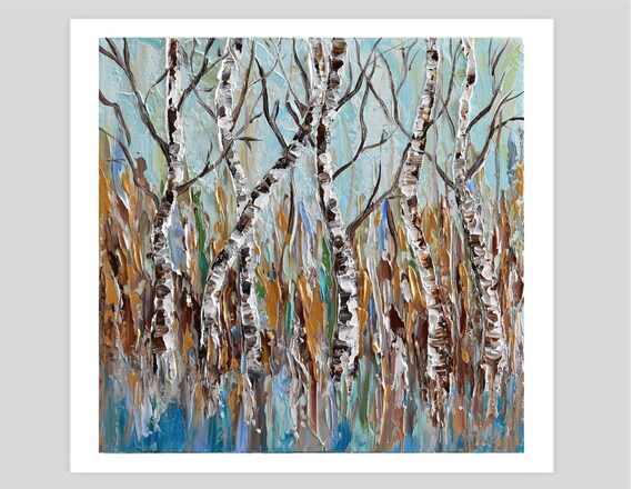 Birch Trees Print Blue Brown Forest Wall Art Dcor Gicle Print Of Impasto Landscape Painting