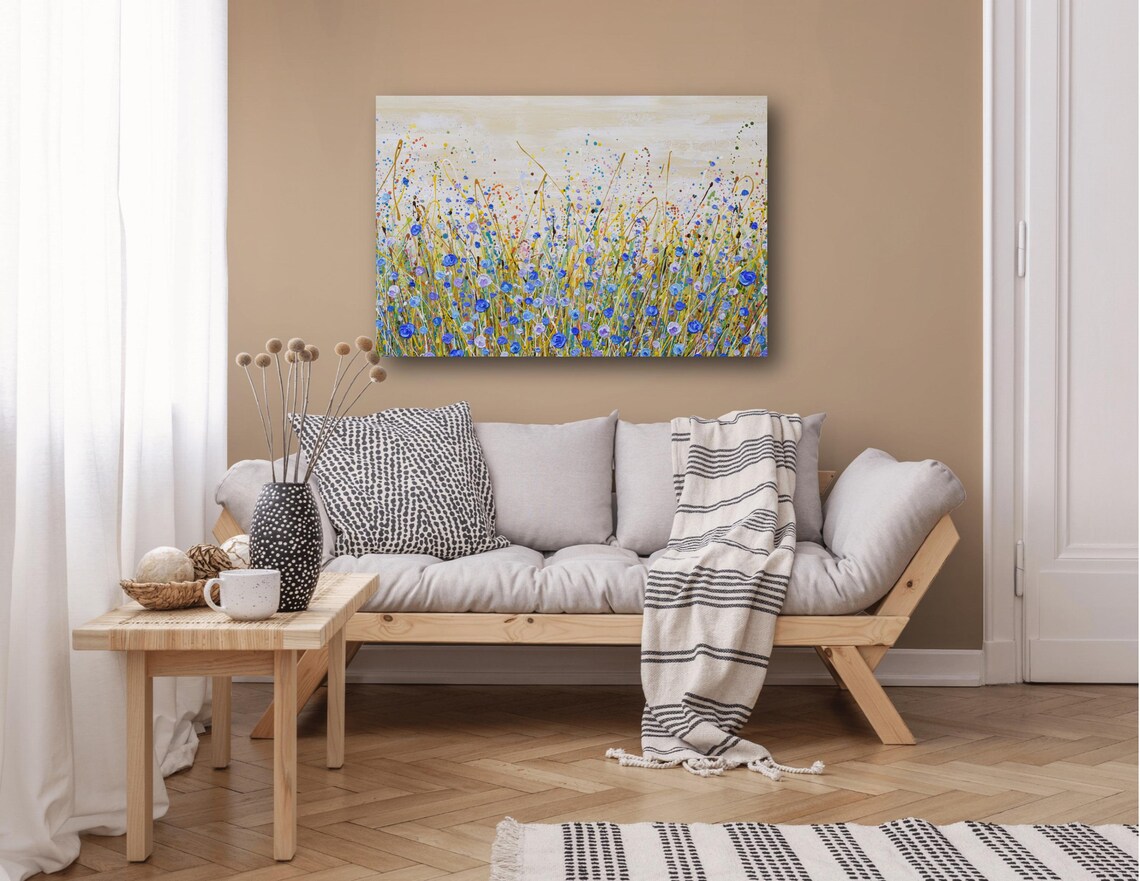 Blue Purple Wildflower Field Cream Sky Beige Meadow Impasto Art Print - Image 2