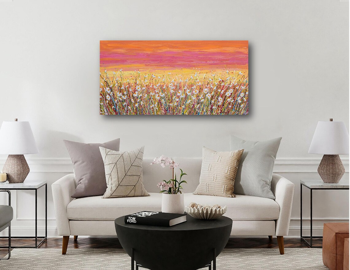 Daisy Wildflower Meadow, Impressionistic Sunset Art Print - Image 2
