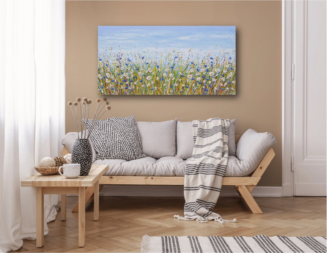 Daisies Cornflowers Panoramic Wildflower Field Blue Sky Wall Poster - Image 3