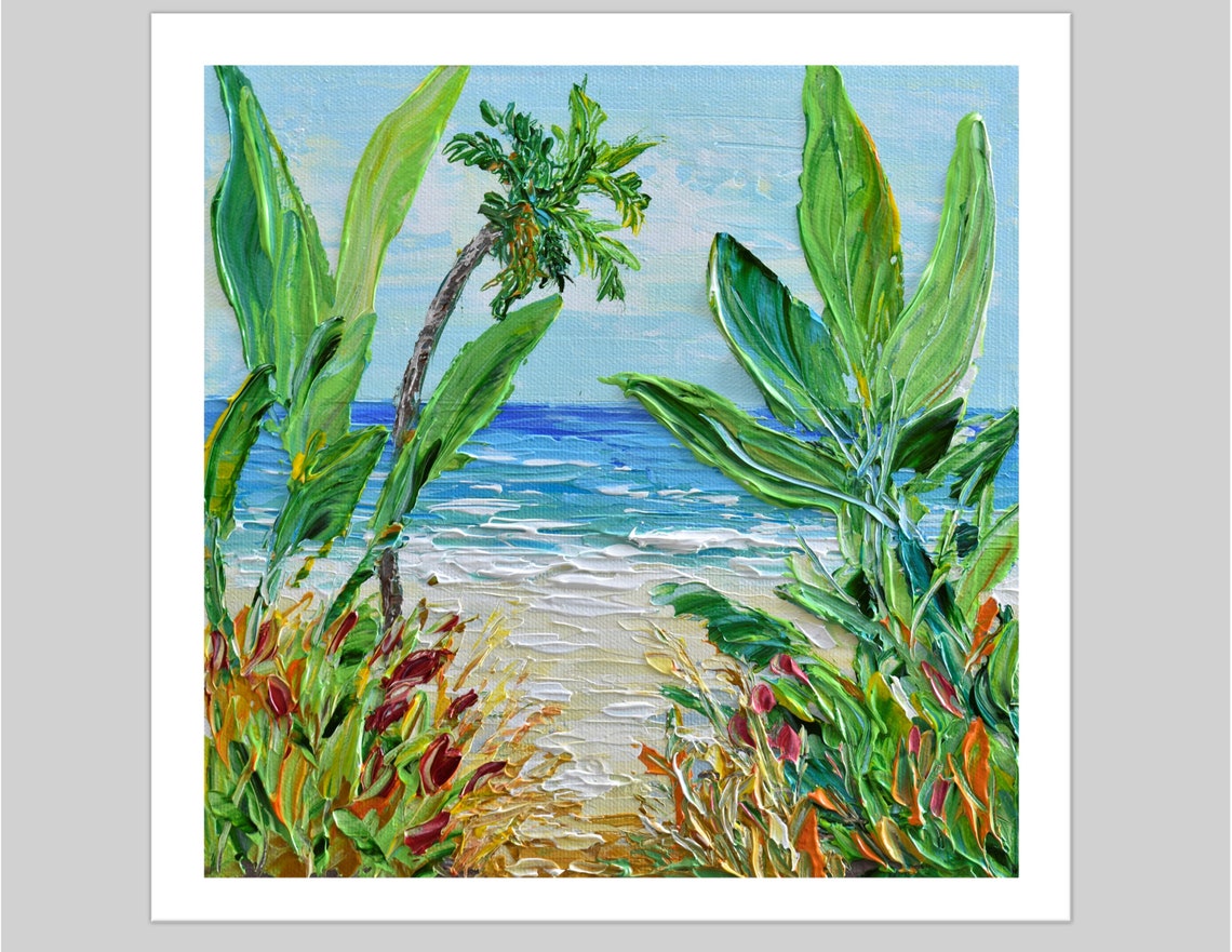 Coastal Print Beach Sand Palm Trees Wall Art Dcor Palette Knife Seascape Artwork Gift